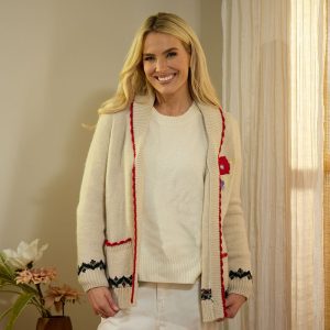 Ivory Cardigan with Embroidered Red Flower
