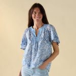 Wide Sleeve Floral Blue Top