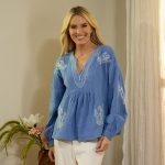 Embroidered Blue Peasant Top