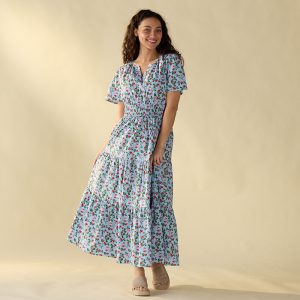 Strawberry Print Tier Blue Dress