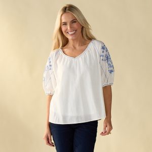 Embroidered Sleeve Peasant White Top