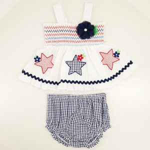 Infant Woven Smocked 3 Star Applique White Bloomer Dress