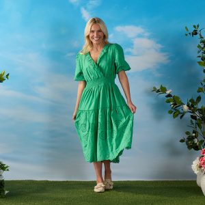 Eyelet Green Ruffle Midi Dress